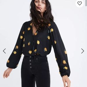 Madewell Silk Bubble Sleeve Faux Wrap Top